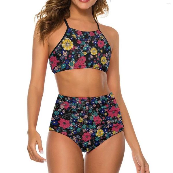 Kadın Mayo Ditsy Floral Bikini Mayo Kırmızı ve Sarı Yüksek Bel Kadın Seksi Kawaii Set Push Up Graphic Biquini