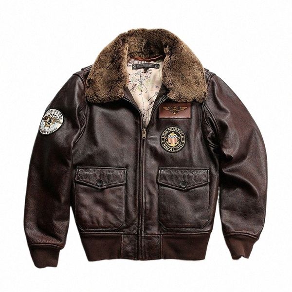 Winter Bomber Pilot Slim Kurze Oberbekleidung Wolle Kragen Karte Liner Echte Lederjacken Original Cowskin Jacke e47d #