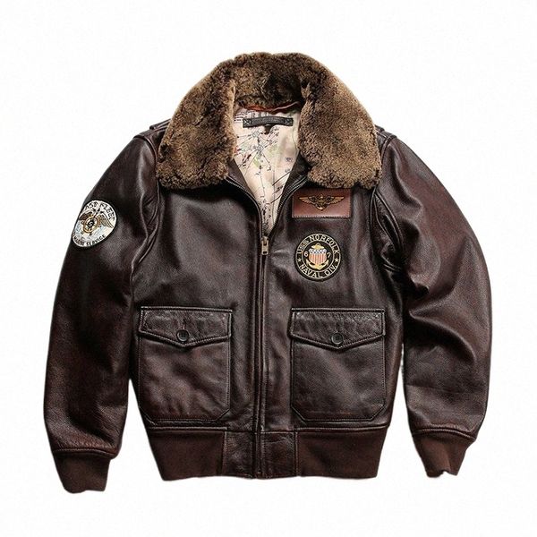 Inverno Bomber Pilot Slim Curto Outerwear Gola de Lã Mapa Liner Jaquetas de Couro Real Original Cowskin Jacket e47d #