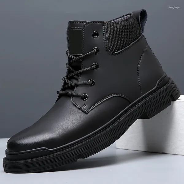 Botas masculinas de fundo grosso redondo dedo do pé tornozelo confortável couro curto para homens sapatos casuais preto respirável motocicleta