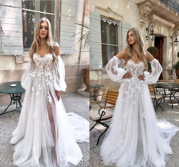 Abiti da sposa Sweetheart in pizzo floreale A Line con maniche lunghe illusione rimovibile Bohemian Country Tulle Abiti da sposa romantici Abiti da sposa sexy divisi CL3412