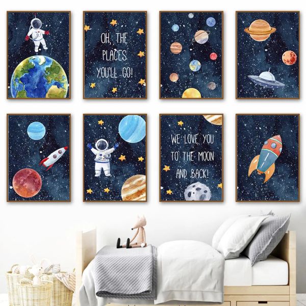 Caligrafia espaço planeta foguete astronauta estrela berçário arte da parede pintura em tela nordic poster e impressões fotos de parede do bebê crianças decoração do quarto