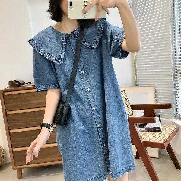 Partykleider Mode koreanischen Stil Frühling und Sommer Saison Puppenkragen Denim Kleid kurze Ärmel lose süße Midi Damen E406