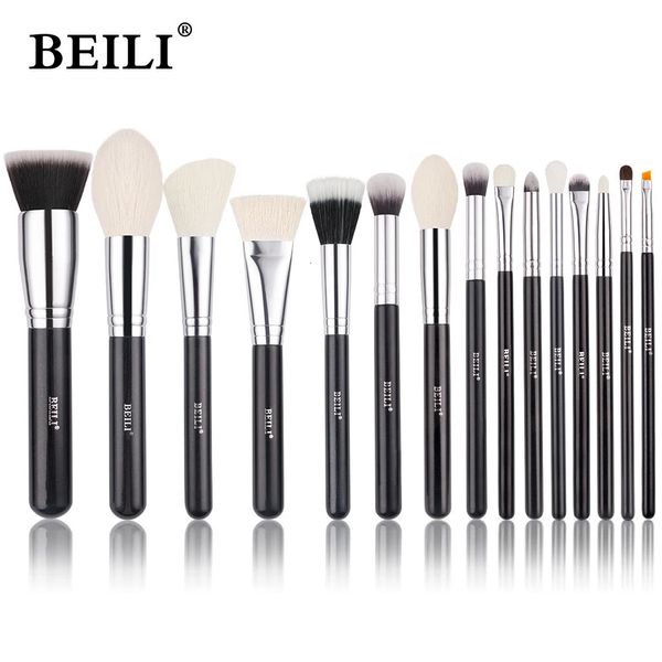 BEILI 15 pcs Preto Premium Cabelo de Cabra Pincel de Maquiagem Conjunto Grande Pó Fundação Blush Sombra Contour Liner Make Up Brushes Ferramentas 240315