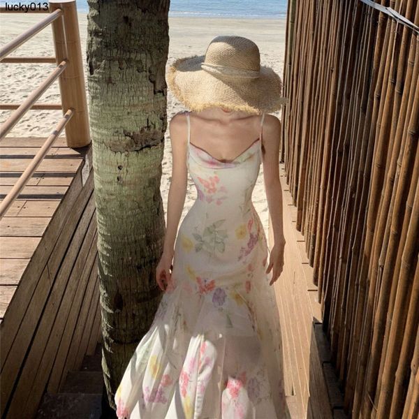 Французское платье от кутюр, большое женское платье-бретелька с открытой спиной и принтом, летняя юбка с тонкой талией, длинная юбка для пляжного отдыха