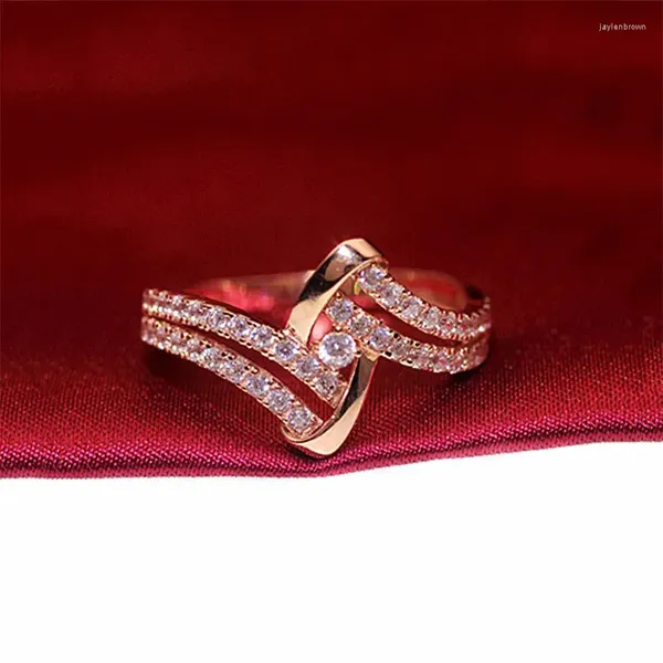 Cluster Ringe 585 Lila Gold Inlay Kristall Für Frauen Überzogene 14 Karat Rose Doppelreihen Klassische Glänzende Hochzeit Schmuck Freundin