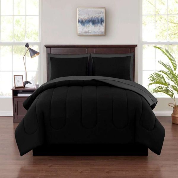 Conjunto de cama preta de 7 peças Mainstays em bolsa com edredom e lençóis, queen