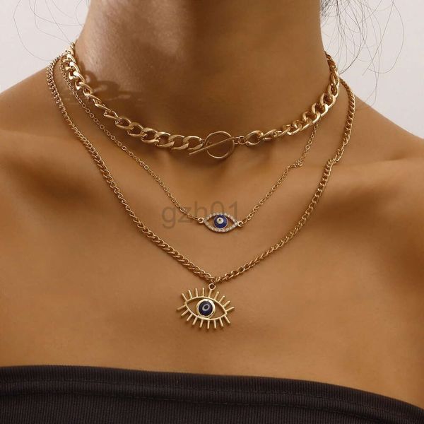 Desginer Evil Eye Criativo Nicho Multi-camada Ot Fivela com Diamante Incrustado Azul Demônio Olho Pingente Feminino Colar de Olho na Moda