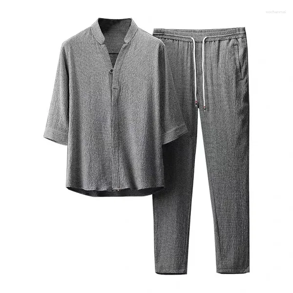 Tute da uomo Uniforme Tai Chi vintage per uomo Camicia a maniche corte e pantaloni Set Abito in lino stile cinese Est solido scollo a V