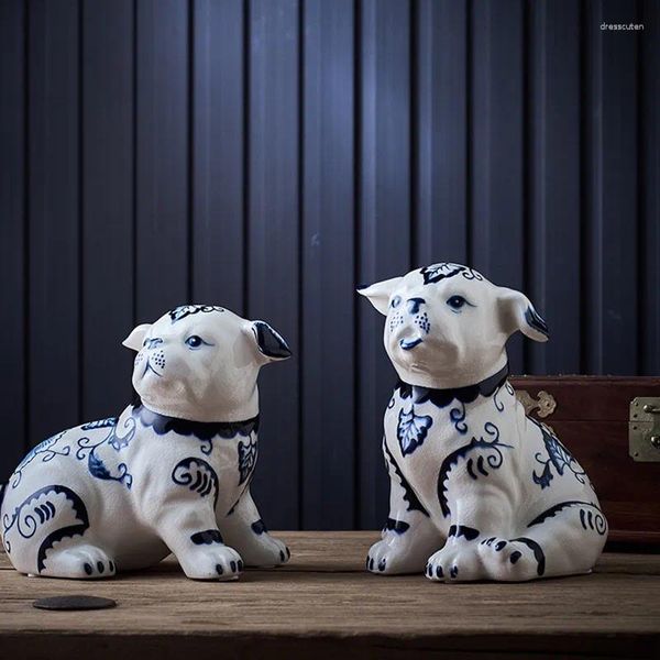 Figurine decorative Ornamenti artigianali in porcellana cinese blu e bianca Ornamenti per cani in ceramica Simulazione animale Scultura Artigianato vintage