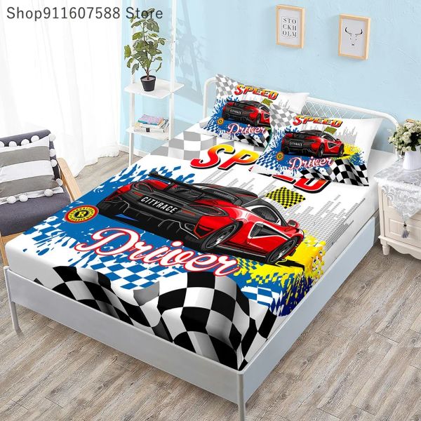 Set Sport Racing Car Spannbettlaken-Set, elastisch, Cartoon-Autos, Matratzenbezug mit Gummizug, Twin-Full-Queen-King-Size-Größe für Kinder und Jungen