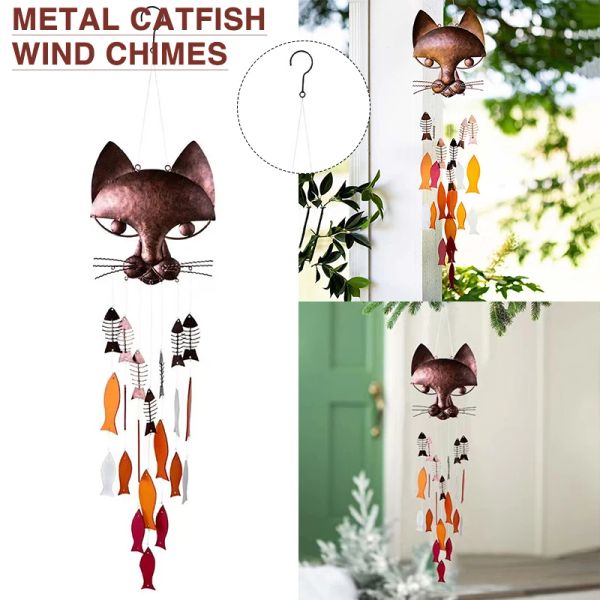 Sinos de metal gato peixe vento carrilhão artesanato jardim sinos ornamentos pingente animal férias casa pendurado decoração festiva festa presentes