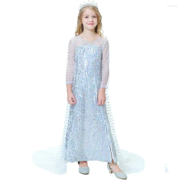Vestidos de menina vestido branco de lantejoulas cabo destacável festa infantil prata e princesa tamanho 100-150