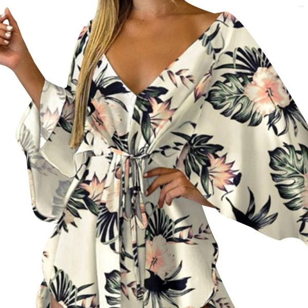 Vestidos casuais sexy v pescoço mulheres mini vestido floral impressão 3/4 bat manga rendas até bainha irregular solta praia sundress capa robe