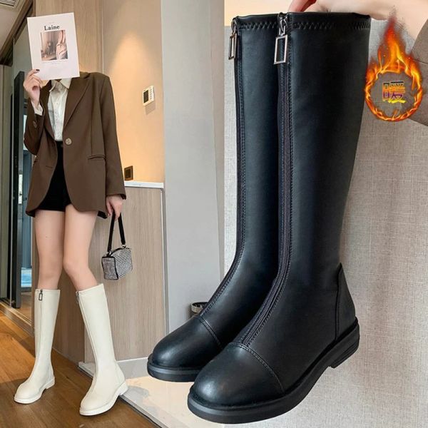 Сапоги британский стиль спереди Zip Long Boots Женщины с низкой каблуком Черно -белый кожаный езда ковбой Bottine Femme 2023 Зимние коленные высокие лодки высокие лодки