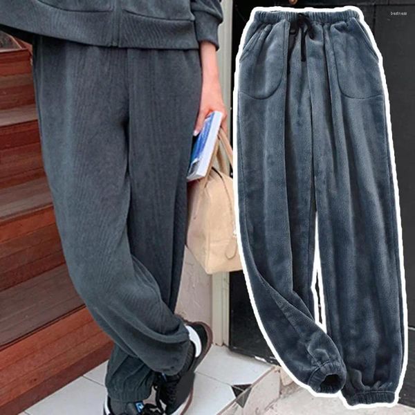 Calças masculinas homens pijama reto tornozelo-banded cor sólida velo engrossar à prova de frio cordão bolsos calças homewear