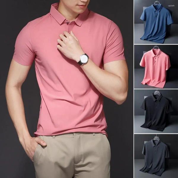 Homens camisetas Homens Camisa de cor sólida elegante lapela botão de colarinho para escritório de verão desgaste tecido elástico respirável