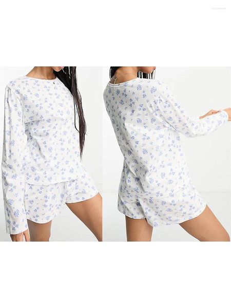 Женская одежда для сна Y2k, пижамный комплект из 2 предметов, милая футболка с длинными рукавами и рюшами с цветочным принтом, топ на пуговицах и шорты, пижама для сна, домашняя одежда