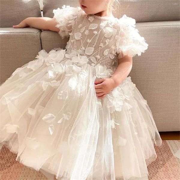 Abiti da ragazza Elegante abito da ragazza di fiore per matrimonio maniche corte Abito da ballo bianco per festa di compleanno in tulle floreale principessa prima comunione