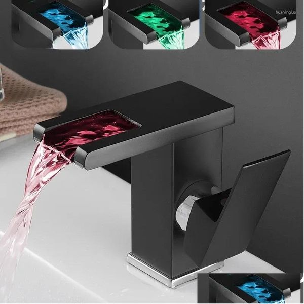 Rubinetti per lavandino del bagno Energia idroelettrica Rubinetto a cascata a LED Miscelatore per lavabo Montaggio su piano Rubinetto per alimentazione idrica in ottone massiccio Lavabo luminoso Goccia D Dhg9D