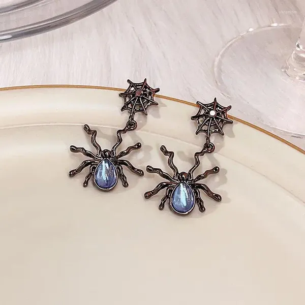 Baumelnde Ohrringe Vintage Punk Spinnennetz für Frauen 2024 Kristall Mondstein Insekt Tier Tropfen Gothic Halloween Schmuck