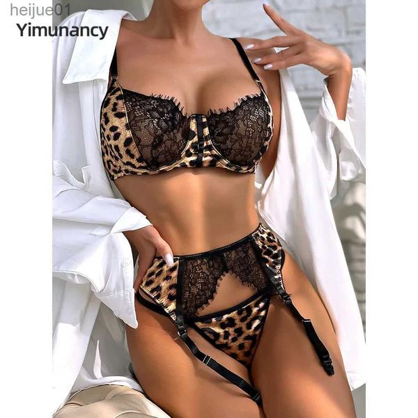 Conjunto sexy yimunancy leopardo impressão renda remendo trabalho conjunto de roupa interior das mulheres sutiã gótico + conjunto de roupa interior sexy e sexy liga c24325