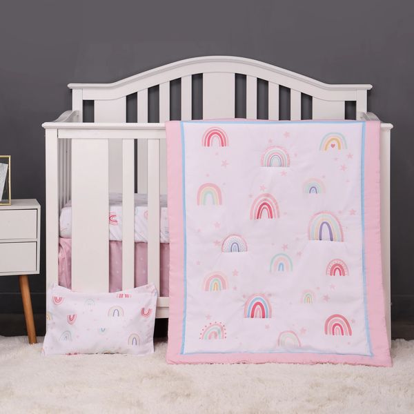 Pink Rainbow 4 PCs Baby Crib Bettwäsche Set für Mädchen und Jungen, einschließlich Quilt Crib Sheet Crib Rockpillow Case 240318