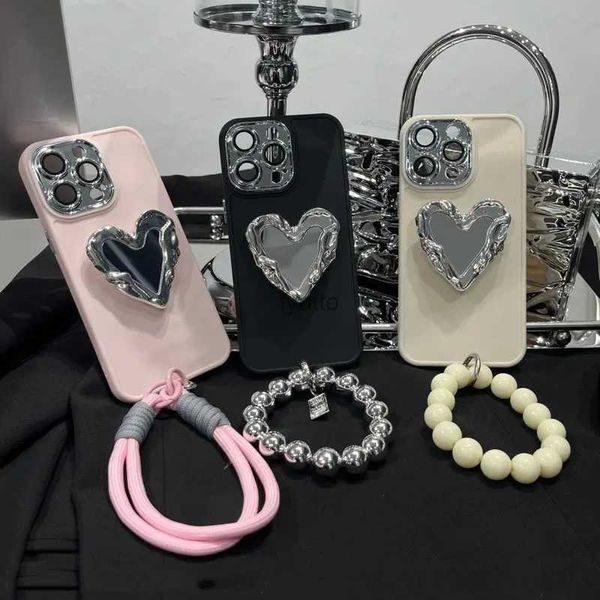 Custodie per cellulari Luxury 3D Love Heart Supporto per anello Supporto per specchio Custodia morbida per telefono per iPhone 15 14 13 12 11 ProMa XXR XS X 7 8 Cover con cinturino H240326