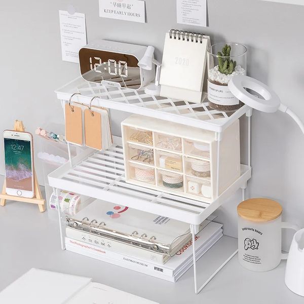 Organizador de mesa de papelaria, prateleira, material escolar de escritório, rack em camadas de ferro, dormitório, casa, desktop, armazenamento de cosméticos, suporte dobrável