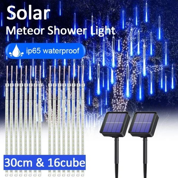 Decoração solar chuva de meteoros luzes da corda chuva à prova dwaterproof água luz do jardim 8 tubos árvore natal festa feriado casamento decoração do feriado