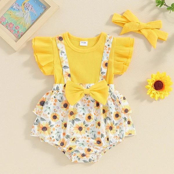 Kleidungssets für geborene Säuglinge, Mädchen, Blumenspielanzug, ärmelloses Blumen-Rüschen-Bodysuit, niedliche Kleider, Sommerkleidung