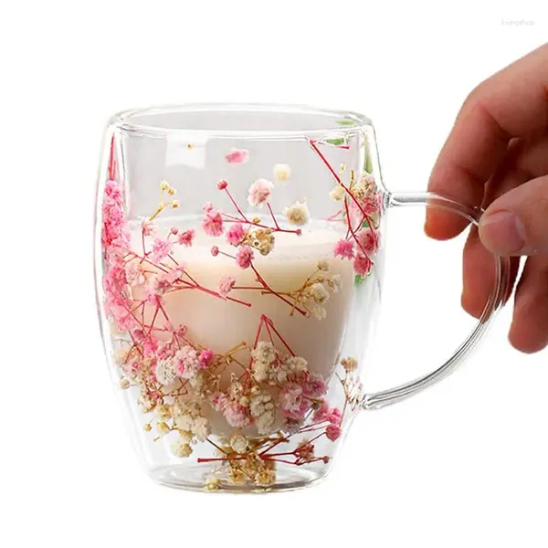 Tassen Kreative doppelwandige Kaffeetasse echte getrocknete Blumenfüller Glastassen Tee Espresso Milch Geschenk für Home Office