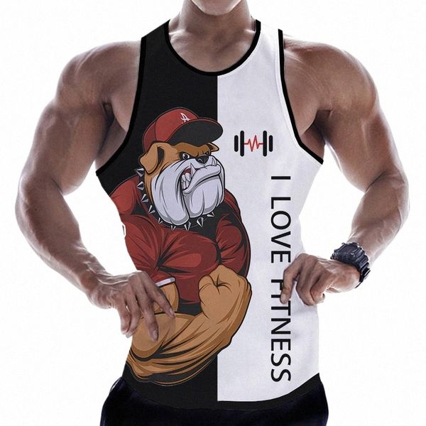 Bulldog Love Fitn 3D Tank Tops Anime Carto Hayvan Mektubu Baskı T-Shirt Sleevel Yelek Harajuku Street Giyim Spor Salonu Erkek Giyim E7GN#