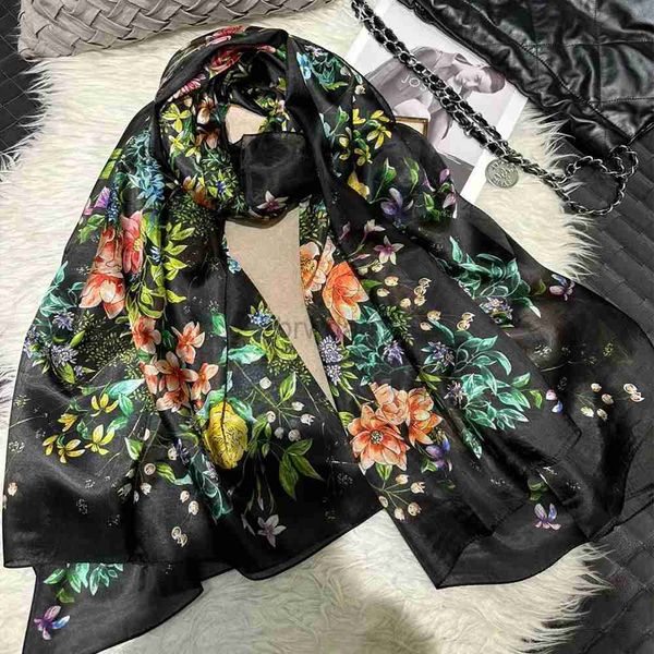 Parei Nuovo Nero Verde 100% Sciarpa di seta Scialle Bufanda Donna Primavera e autunno Moda Sciarpa di fiori Autunno e inverno Sciarpa lunga Bufanda 180 * 110 cm 24325