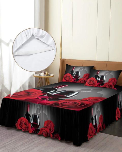 Gonna da letto San Valentino Fiore di rosa Vino rosso Copriletto elasticizzato con federe Coprimaterasso Set lenzuolo