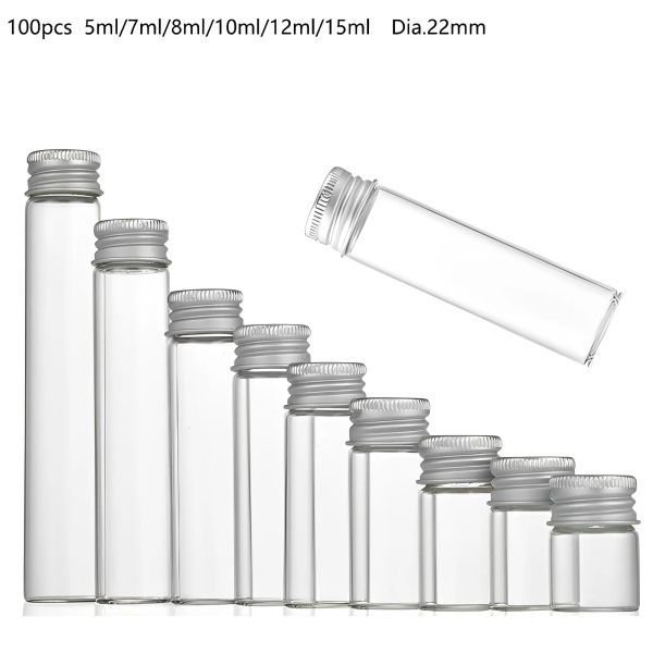 Gläser 100 Stück 5 ml 15 ml transparente Glasflasche mit Aluminiumdeckel, Mini-Glasgefäße, Zucker, Nuss, Blumen, Teeflaschen, Medizin, durchsichtiger Behälter