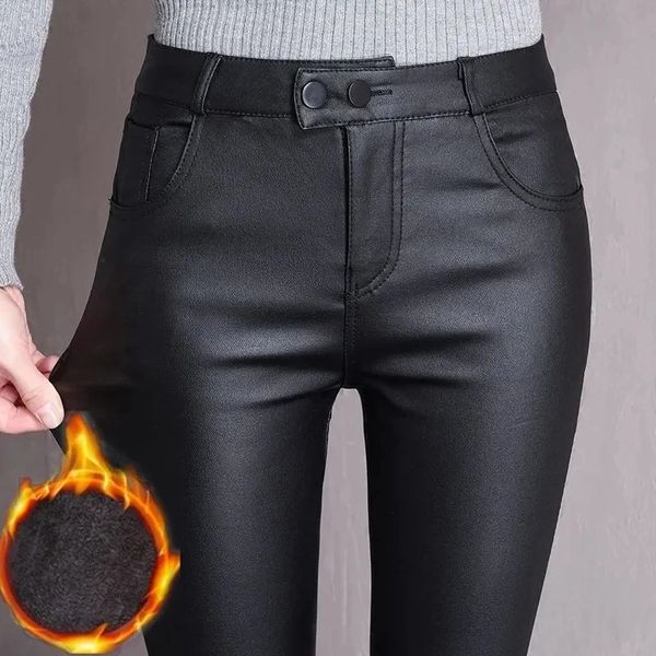 Add VelvetNo Velvet Schwarz Faux PU Leder Hose Frauen Hohe Taille Stretch Leggings Herbst Winter Lässige Dünne Bleistift Hose 240309