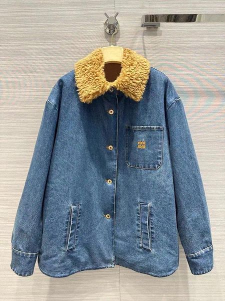 Jaqueta de capuz feminina para mulheres primavera cordeiro lã forro lapela casaco denim azul vintage mangas compridas feminino chiques topos