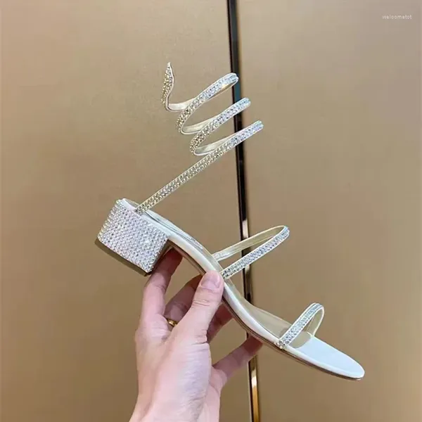 Sapatos de vestido verão strass serpentina sandálias mulheres salto grosso aberto dedo do pé romano enrolamento fada vento salto alto