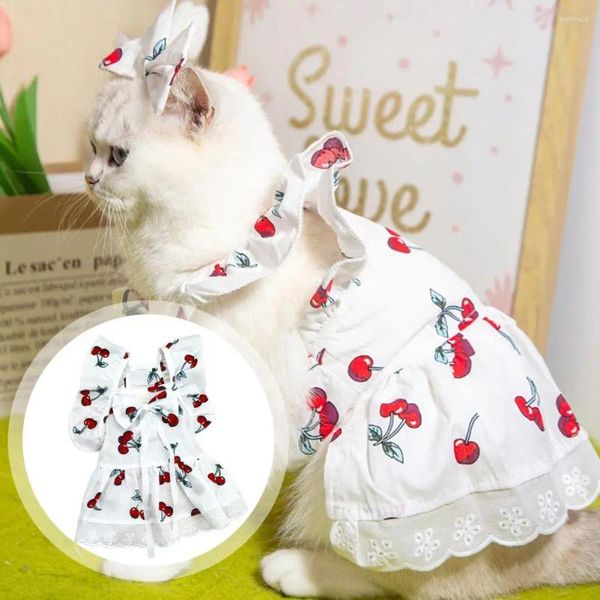 Cão vestuário pet chapelaria elegante vestido de impressão de cereja com mangas para gatos cães verão colete saia roupas pequenos animais de estimação bonito