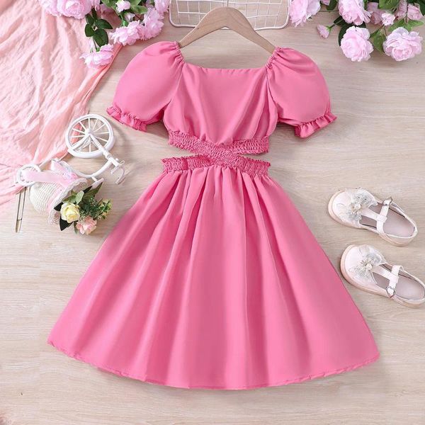 Vestidos de menina 2024 verão chegada meninas manga curta oco para fora ruched rosa designer bonito festa vestido de princesa custume 18m-6t
