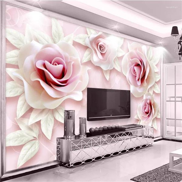 Sfondi Wellyu Fresco e semplice 3d in rilievo Rosa rosa TV Sfondo personalizzato Grande affresco Verde Carta da parati Papel De Parede Para Quarto