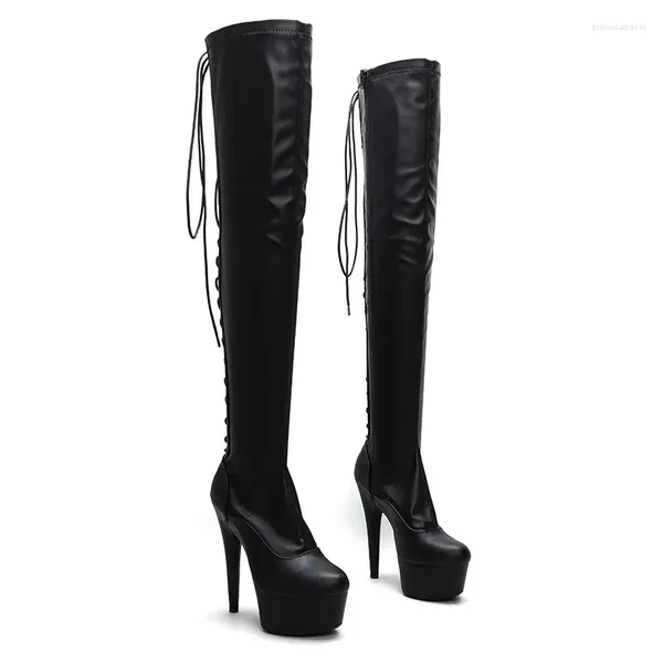 Sapatos de dança femininos 15cm/6 polegadas pu plataforma revestida superior sexy salto alto coxa botas pólo 15-035