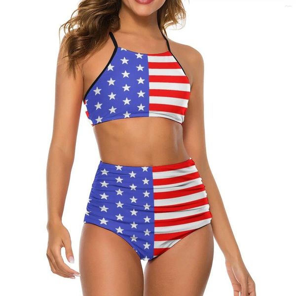 Roupa de banho feminina sexy bandeira americana biquíni maiô eua estrelas e listras engraçado cintura alta design conjunto push up biquinis