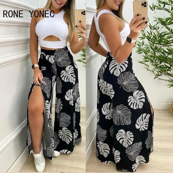 Arbeitskleider Damen Solid Cut-out Tank Top Tropical Print Split Wide Leg Pants Set Sommeranzug