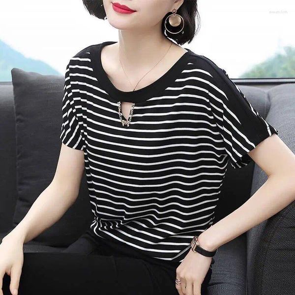T-shirt da donna Pullover basic a righe coreane Elegante taglio 2024 Estate Vintage Ricamo Catena Abbigliamento femminile Manica corta Impiombato