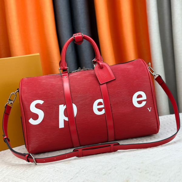 Designer-Reisetasche SPEE 45CM Schwarz Rot Buchstabenmuster Reisegepäck für Männer Echtleder Große Kapazität Totes Umhängetaschen Männer Große Kapazität Reisetasche