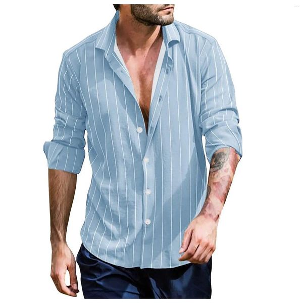 Camisas masculinas estampadas manga longa primavera verão listrado lapela casual blusa de manga solta camisa técnica masculina