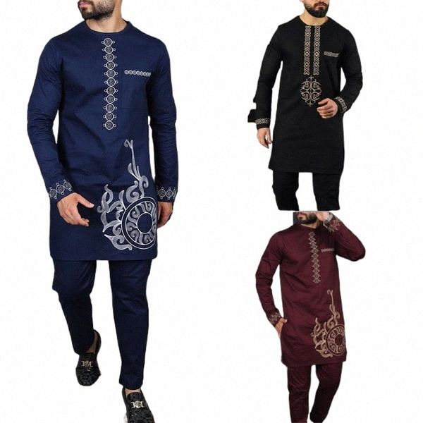 Neu in Diki 2 Stück Sets Abaya Herrenbekleidung Hemd Hose Set Lg Sleeve Eleganter afrikanischer Ethnischer Stil Rundhalsanzug Kaftan Z0jp #
