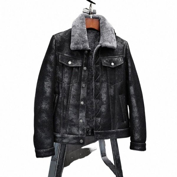 Mens Sheepskin Shearling Jacket B3 Flight Jacket Aviator Winter Coat Fur Bomber Leather Jacket Black Denim K1Ig #